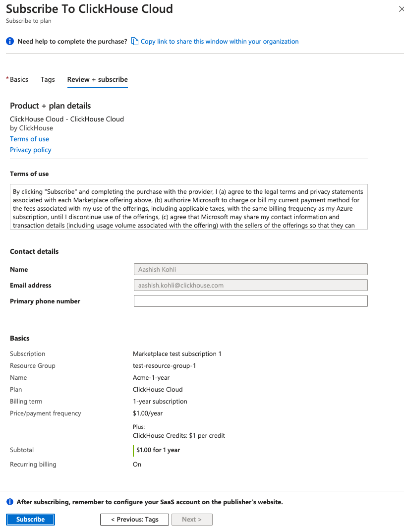 Azure Marketplace subscription confirmation